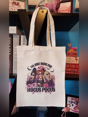 Hocus Pocus Illustrated Trick Or Treat Canvas Tote Bag. Hand Crafted
